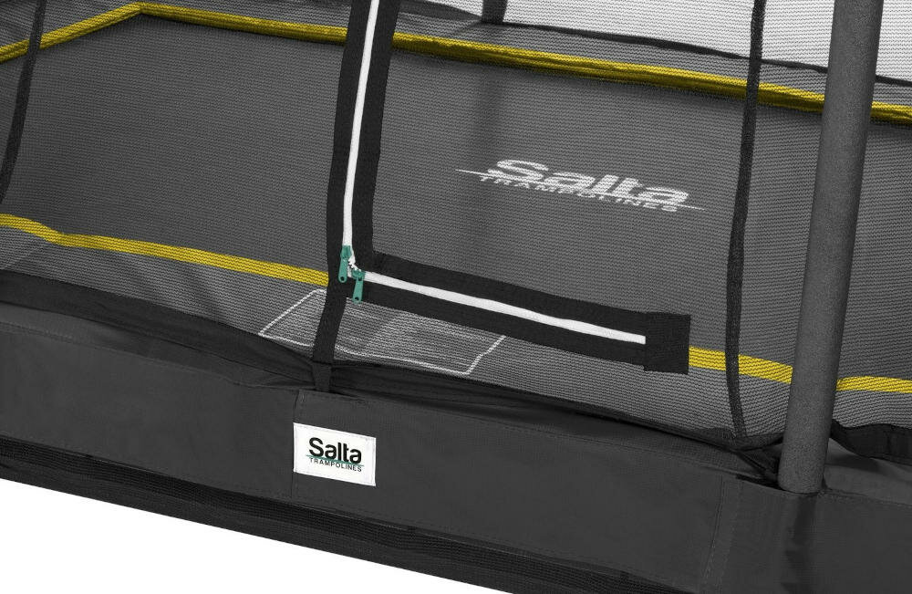 SALTA trampolina rama stal ocynkowana powłoka bezpieczna podstawa siatka zabezpieczająca zamek błyskawiczny wchodzenie zamykanie