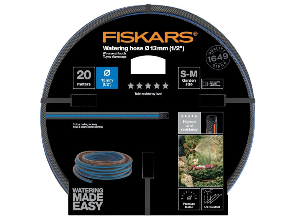 Wąż ogrodowy FISKARS 1/2 20 m Q5 1027107, metry, długość, Elastyczność, rozwijanie, na białym tle spakowany fabrycznie wąż ogrodowy