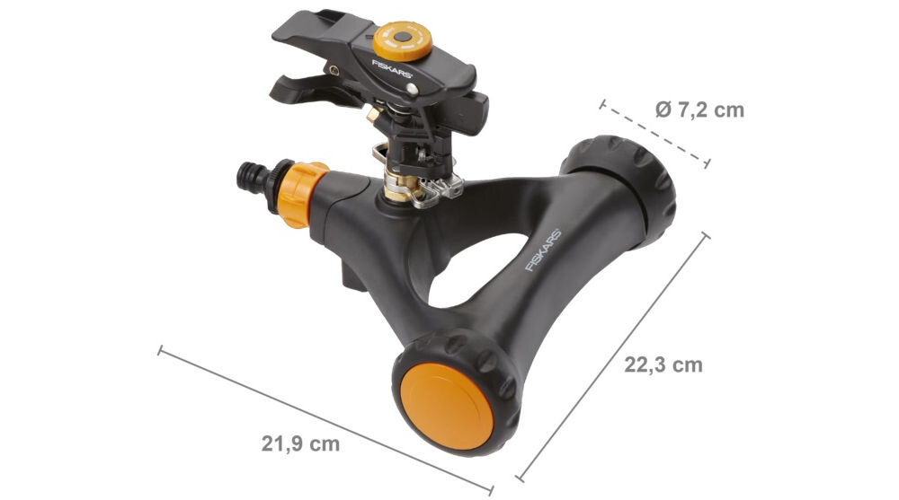 Zraszacz FISKARS 1023656, zasięg, powierzchnia, trawnik, rabaty, na białym tle zraszacz z podaniem wymiarów