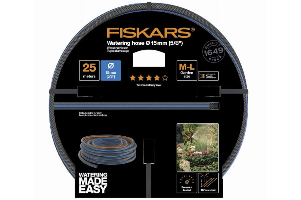 Wąż ogrodowy FISKARS 5/8 25 m Q4 1027098, metry, długość, Elastyczność, rozwijanie, na białym tle spakowany fabrycznie wąż ogrodowy