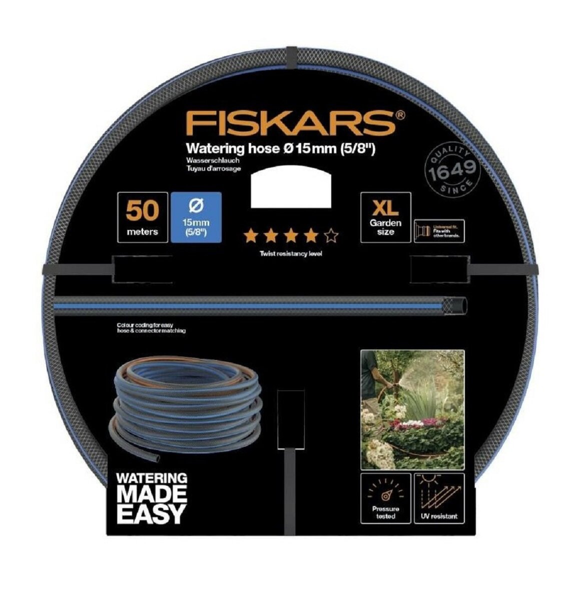 Wąż ogrodowy FISKARS 5/8 50 m Q4 1027099, metry, długość, Elastyczność, rozwijanie, na białym tle spakowany fabrycznie wąż ogrodowy