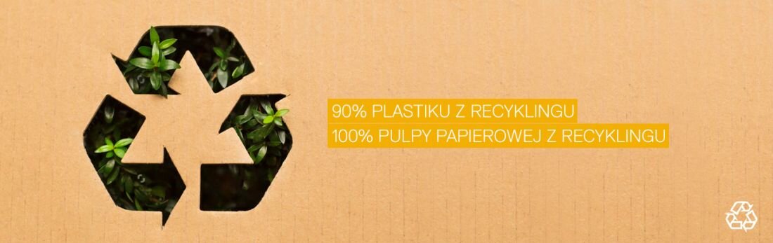 Obraz przedstawia symbol recyklingu z zielonymi liśćmi w tle oraz tekst: \'90% PLASTIKU Z RECYKLINGU 100% PULPY PAPIEROWEJ Z RECYKLINGU\'.