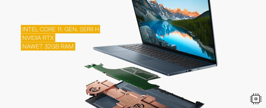 Obraz przedstawia laptop z widocznym ekranem i klawiaturą, a poniżej pokazany jest jego wewnętrzny układ chłodzenia. Na obrazie znajduje się tekst: \'INTEL CORE 11. GEN. SERII H NVIDIA RTX NAWET 32GB RAM\'.