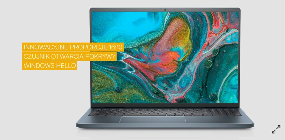 Laptop z kolorowym, abstrakcyjnym wzorem na ekranie. Tekst na obrazie: \'INNOWACYJNE PROPORCJE 16:10 CZUJNIK OTWARCIA POKRYWY WINDOWS HELLO\'.
