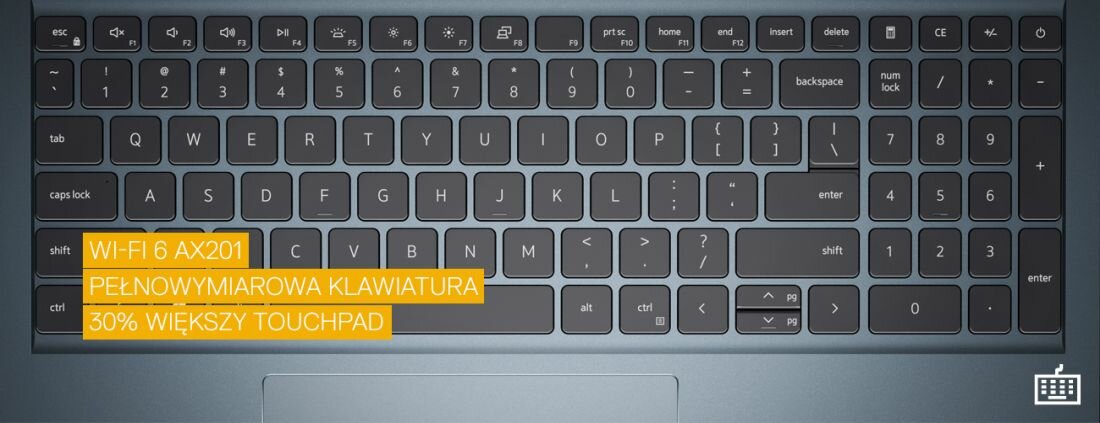 Zdjęcie przedstawia pełnowymiarową klawiaturę laptopa z widocznymi klawiszami funkcyjnymi. Na obrazie znajduje się tekst: \'WI-FI 6 AX201 PEŁNOWYMIAROWA KLAWIATURA 30% WIĘKSZY TOUCHPAD\'.