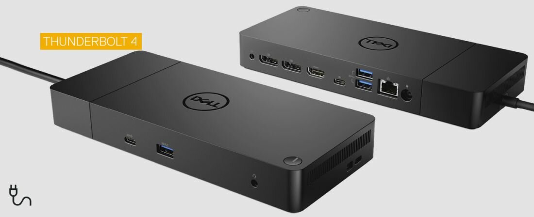 Dwa czarne urządzenia z logo \'Dell\', z różnymi portami, w tym USB i HDMI. Na obrazie widoczny jest napis \'THUNDERBOLT 4\'.