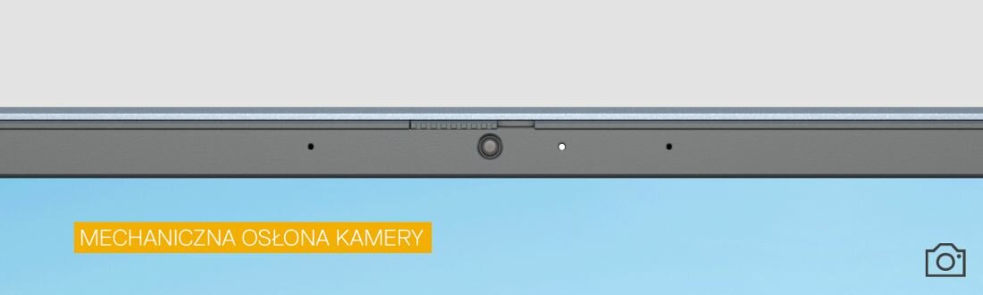 Obraz przedstawia górną część ekranu laptopa z widoczną kamerą i mechaniczną osłoną. Na obrazie znajduje się tekst: \'MECHANICZNA OSŁONA KAMERY\'.