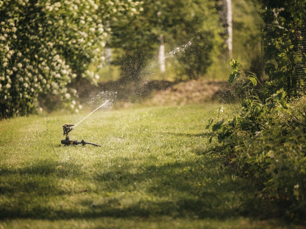 Zraszacz FISKARS 1027050, trawnik, nawadnianie, zraszacz, wygoda, zraszacz podlewa ogród w słoneczny dzień