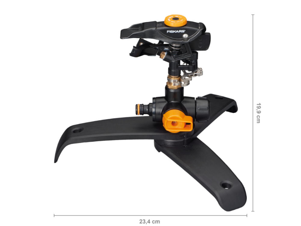 Zraszacz FISKARS 1027050, zasięg, sektor, trawnik, rabaty, na białym tle zraszacz z podaniem jego wymiarów
