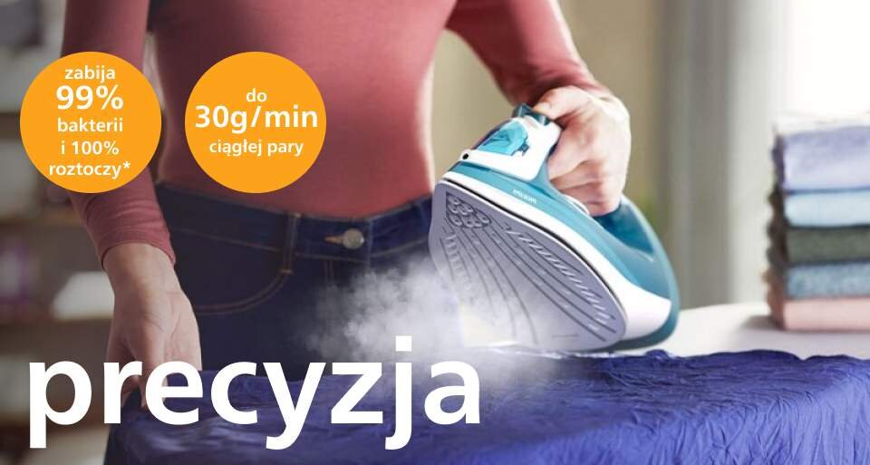 Strumień pary 30 g/min ułatwia prasowanie, zapewniając skuteczne usuwanie zagnieceń Strumień pary 30 g/min ułatwia prasowanie, zapewniając skuteczne usuwanie zagnieceń