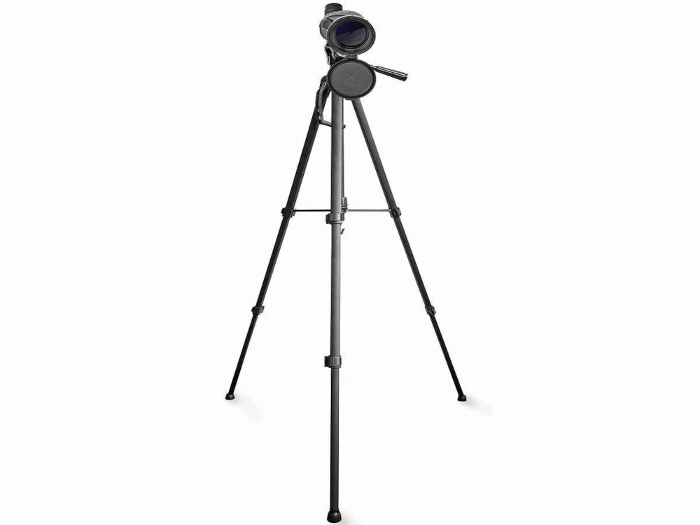 Czarna luneta zamontowana na trójnogu, widoczna z przodu. Luneta ma okrągły obiektyw i regulowane nogi statywu.