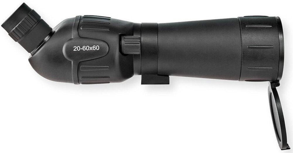 Czarna luneta z oznaczeniem \'20-60x60\' na obudowie, z regulowanym pokrętłem i osłoną na obiektyw.