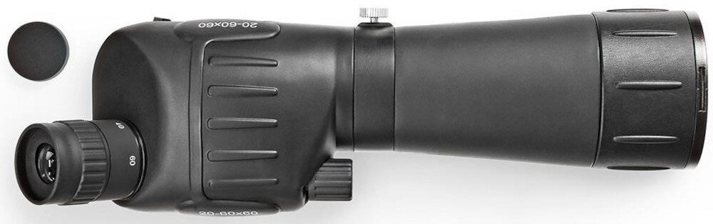 Czarna luneta z widocznymi oznaczeniami 20-60x60, z pokrywką obiektywu obok. Posiada regulowane pokrętła i teksturowaną powierzchnię dla lepszego chwytu.