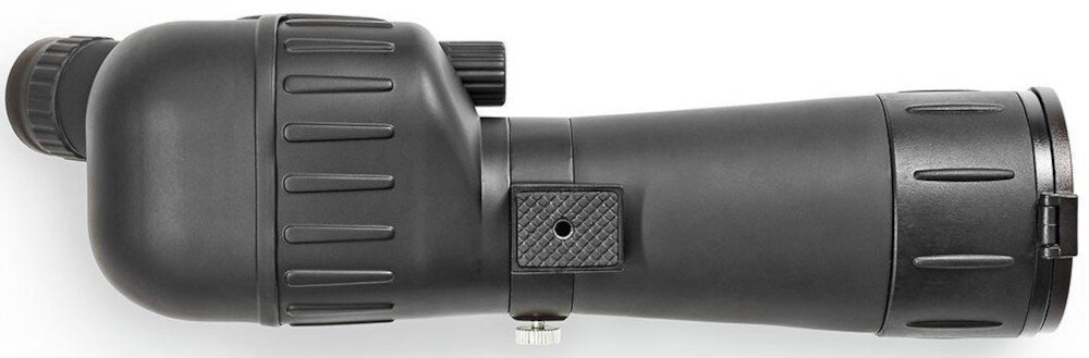 Czarna luneta z widocznymi elementami regulacyjnymi i teksturowanym uchwytem. Produkt ma cylindryczny kształt z wyraźnymi pierścieniami na obudowie.