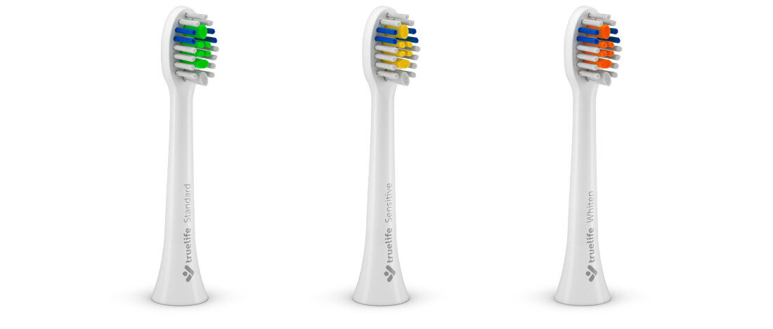 Szczoteczka soniczna TRUELIFE SonicBrush Compact Duo (2 szt.) do różnych potrzeb 6 wymiennych końcówek w trzech wariantach Standard Sensitive Whiten włosie zmieniające kolor sygnalizuje moment wymiany higiena