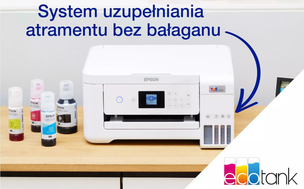 Urządzenie wielofunkcyjne EPSON EcoTank L4266 Druk w kolorze, Automatyczny druk dwustronny, Wi-Fi prezentacja urządzenia na stole obok butelki z atramentem napis system uzupełniania atramentu bez bałaganu ecotank system bez kartridży redukcja odpadów pojemniki na atrament