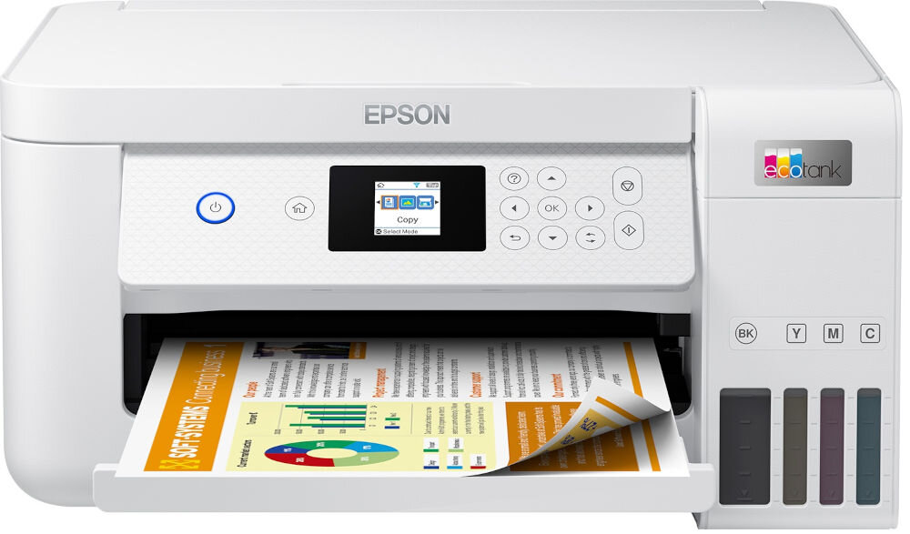 Urządzenie wielofunkcyjne EPSON EcoTank L4266 Druk w kolorze, Automatyczny druk dwustronny, Wi-Fi prezentacja urządzenia od przodu na białym tle z wydrukowaną kartką kolorowy wydruk zdjęć efektowne dokumenty