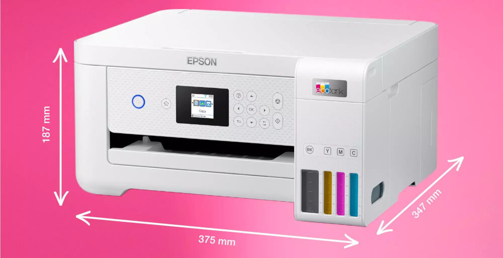 Urządzenie wielofunkcyjne EPSON EcoTank L4266 Druk w kolorze, Automatyczny druk dwustronny, Wi-Fi prezentacja urządzenia na różowym tle od przodu pod kątem z wymiarami wymiary 375 x 347 x 187 mm swoboda organizacji