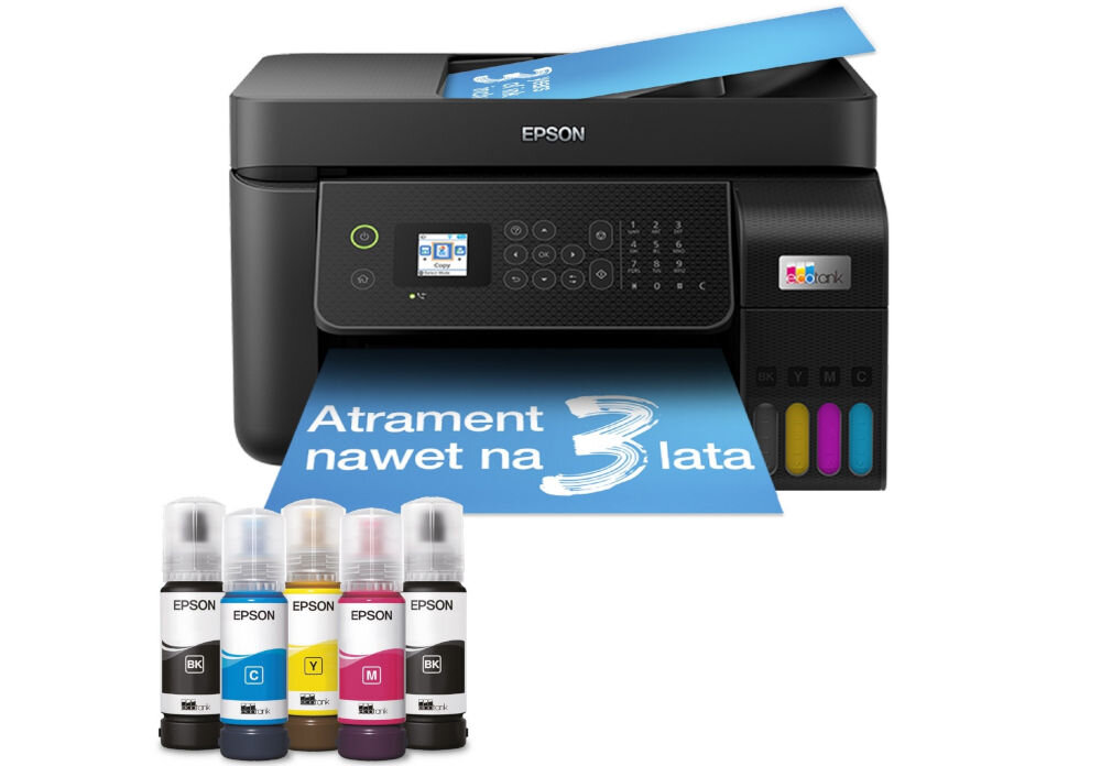 Urządzenie wielofunkcyjne EPSON EcoTank L5290 Druk w kolorze, Wi-Fi prezentacja urządzenia od przodu na białym tle z wychodzącą kartką z napisem atrament nawet na 3 lata przed butelki z atramentem system bez kartridży redukcja odpadów pojemniki na atrament