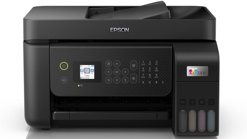 Urządzenie wielofunkcyjne EPSON EcoTank L5290 Druk w kolorze, Wi-Fi prezentacja urządzenia od przodu na białym tle Obsługa papieru od 64 do 300 g/m² w różnych zastosowaniach elastyczność