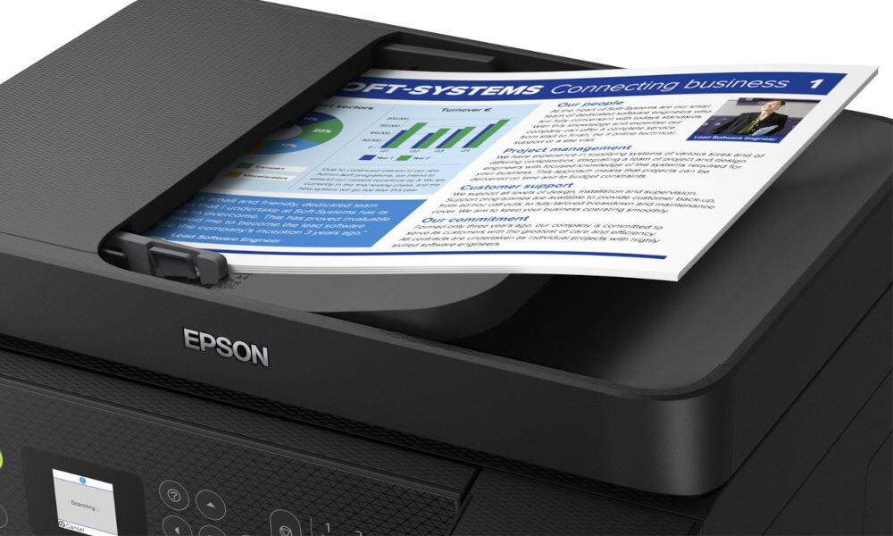 Urządzenie wielofunkcyjne EPSON EcoTank L5290 Druk w kolorze, Wi-Fi zbliżenie na górną część urządzenia na białym tle formaty BMP JPEG TIFF PDF PNG dostosowanie