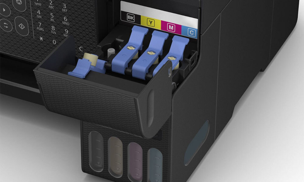 Urządzenie wielofunkcyjne EPSON EcoTank L5290 Druk w kolorze, Wi-Fi prezentacja miejsca napełniania urządzenia atramentem na jasnym tle wydajność atramentu wydłużenie czasu pracy