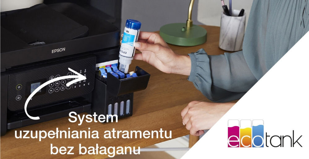 Urządzenie wielofunkcyjne EPSON EcoTank L5290 Druk w kolorze, Wi-Fi prezentacja uzupełniania atramentu w pojemnikach napis ecotank system uzupełniania atramentu bez bałaganu bezproblemowe napełnianie ograniczenie ryzyka pomyłki komfort
