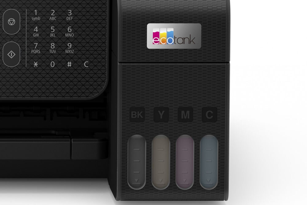 Urządzenie wielofunkcyjne EPSON EcoTank L5290 Druk w kolorze, Wi-Fi zbliżenie na wskaźnik z ilością atramentu na jasnym tle wskaźnik atramentu z przodu kontrola zużycia