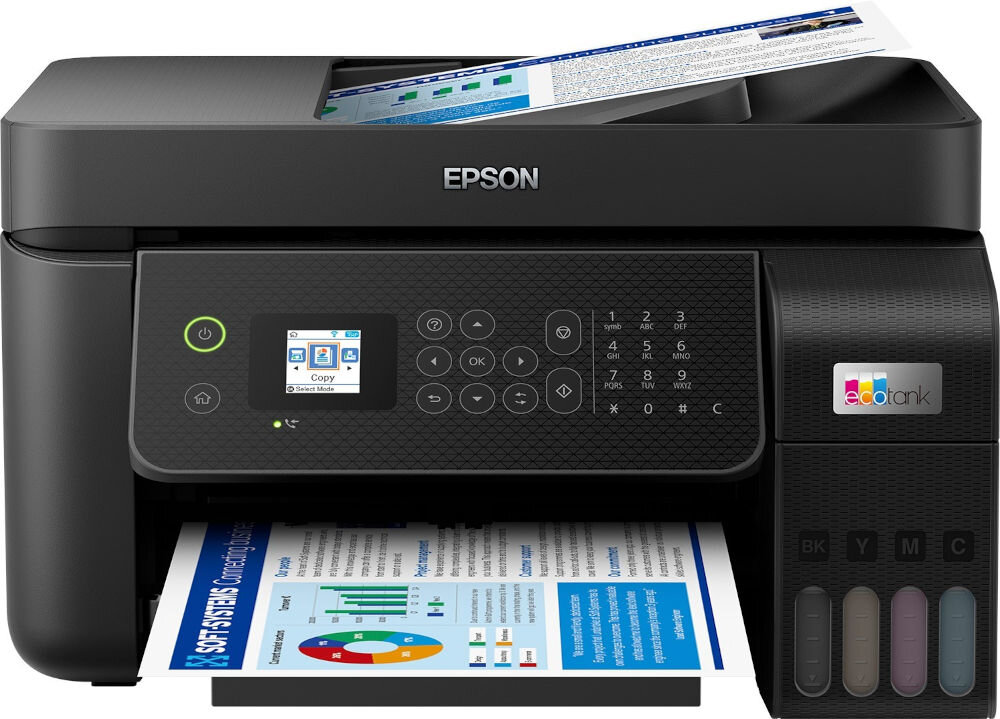 Urządzenie wielofunkcyjne EPSON EcoTank L5290 Druk w kolorze, Wi-Fi prezentacja urządzenia od przodu na białym tle wychodząca wydrukowana kartka funkcje 4w1 druk skan faks kopiuj wygoda organizacja przestrzeni