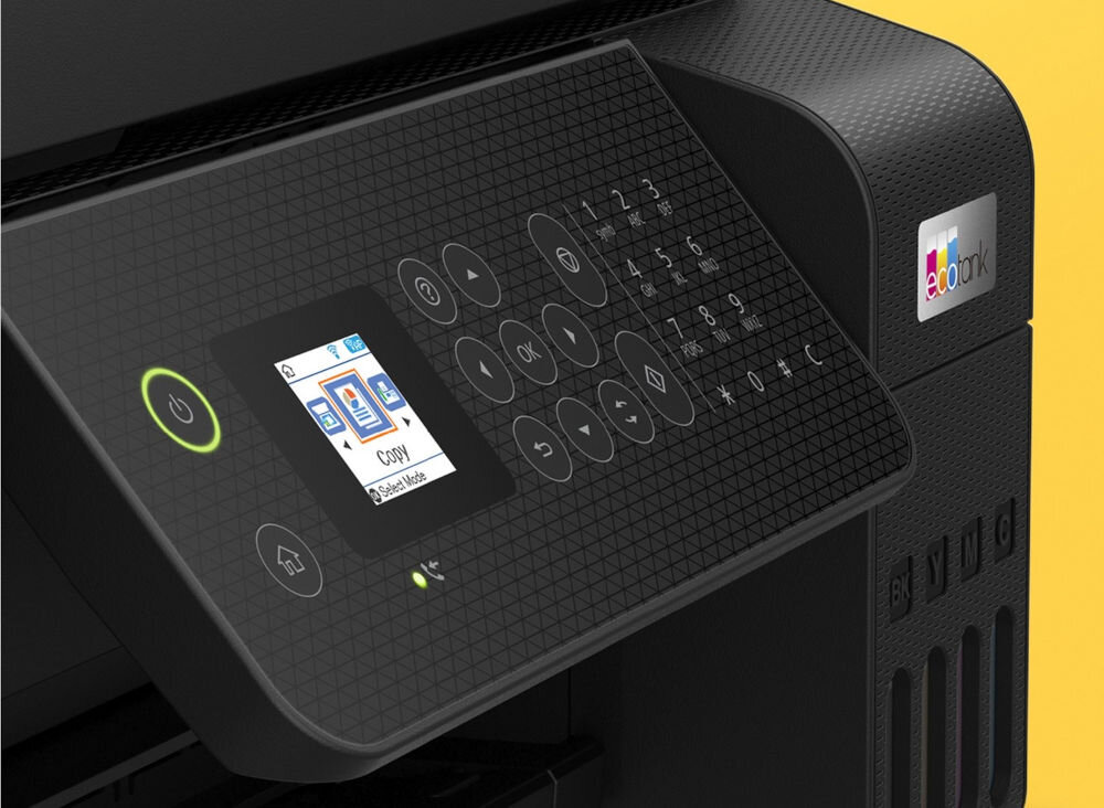 Urządzenie wielofunkcyjne EPSON EcoTank L5290 Druk w kolorze, Wi-Fi prezentacja panelu z funkcjami na drukarce żółte tło bezprzewodowe połączenie Wi-Fi wygoda pracy bez kabli
