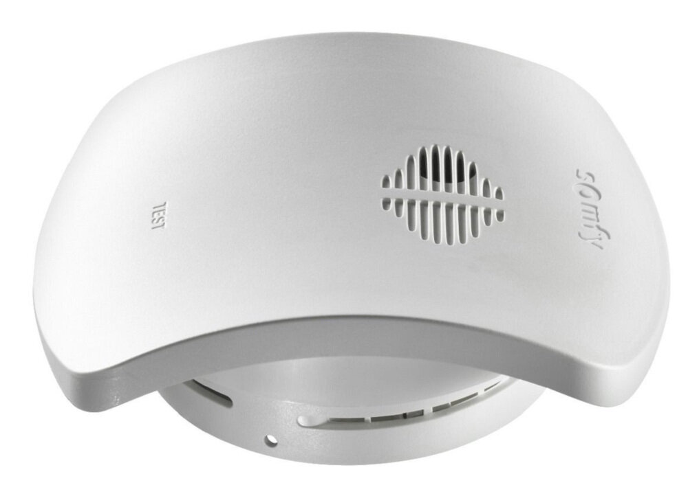 Czujnik dymu SOMFY 2401368 Łatwa konfiguracja koła śruby mocujące System TaHoma proces konfiguracji smartfon testy działania wymiana baterii