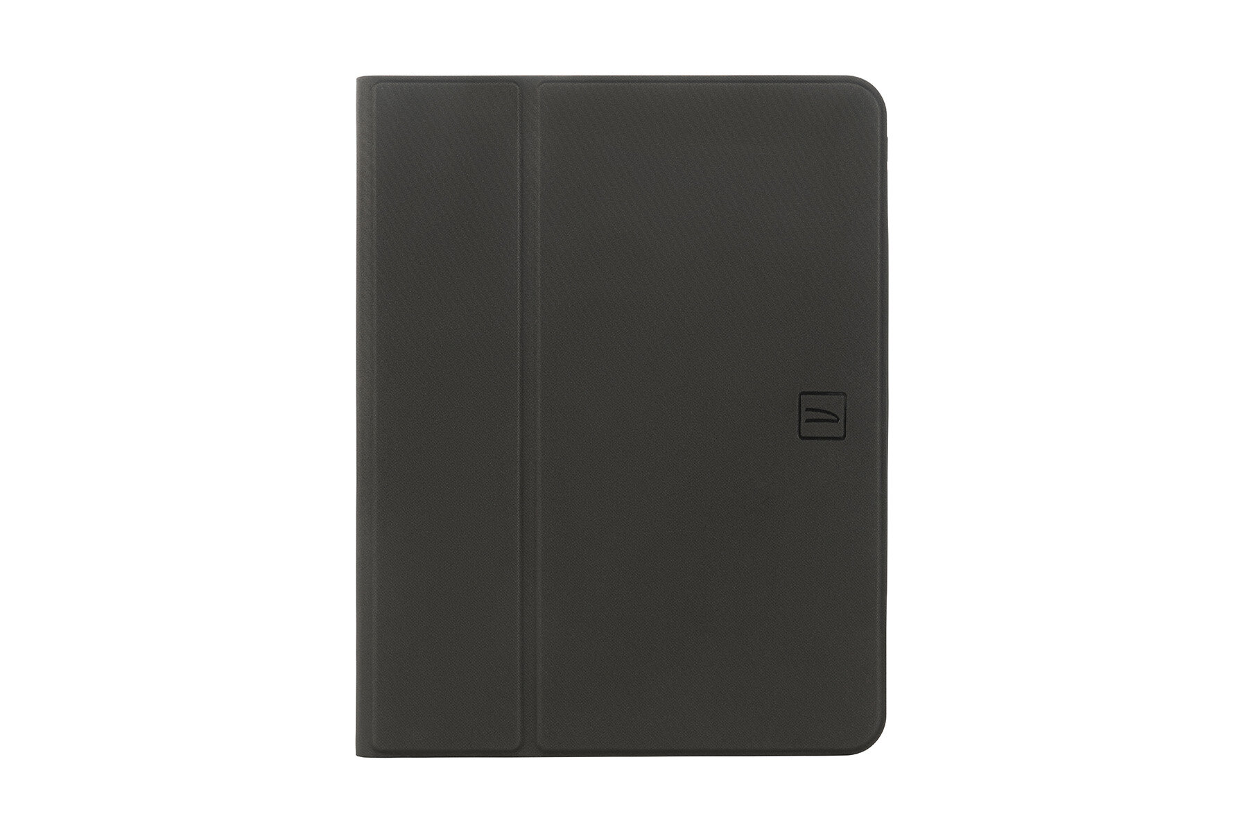Czarne etui na tablet z widocznym logo producenta w formie prostokąta z zaokrąglonymi rogami.