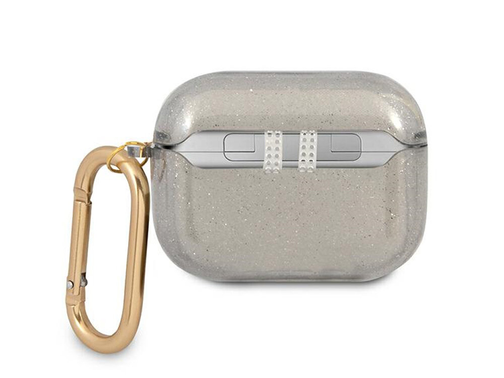 Etui na słuchawki Guess Glitter Collection
            tył etui z karabińczykiem na białym tle
            wstrząs bezpieczeństwo trwałość materiał