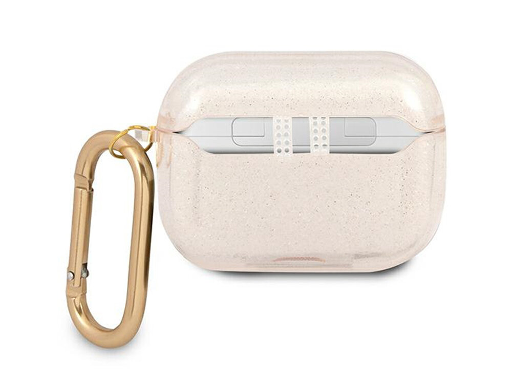 Etui na słuchawki Guess Glitter Collection
            tył etui z karabińczykiem na białym tle
            wstrząs bezpieczeństwo trwałość materiał