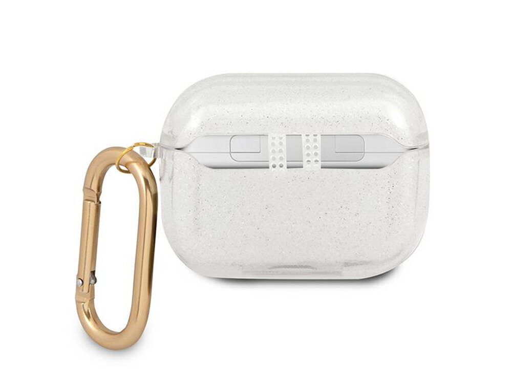 Etui na słuchawki Guess Glitter Collection
            tył etui z karabińczykiem na białym tle
            wstrząs bezpieczeństwo trwałość materiał