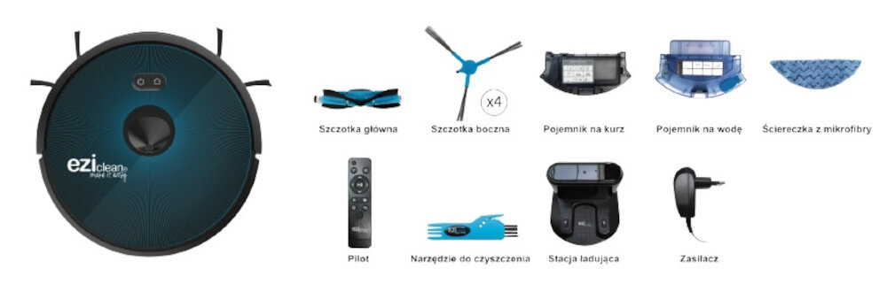 Robot sprzatajacy EZICLEAN Aqua Connect 650 zestaw wyposaenie szczotka glowna szczotka boczna pojemnik na kurz pojemnik na wode sciereczka z mikrofibry pilot narzedzia do czyszczenia stacja ladujaca zasilacz