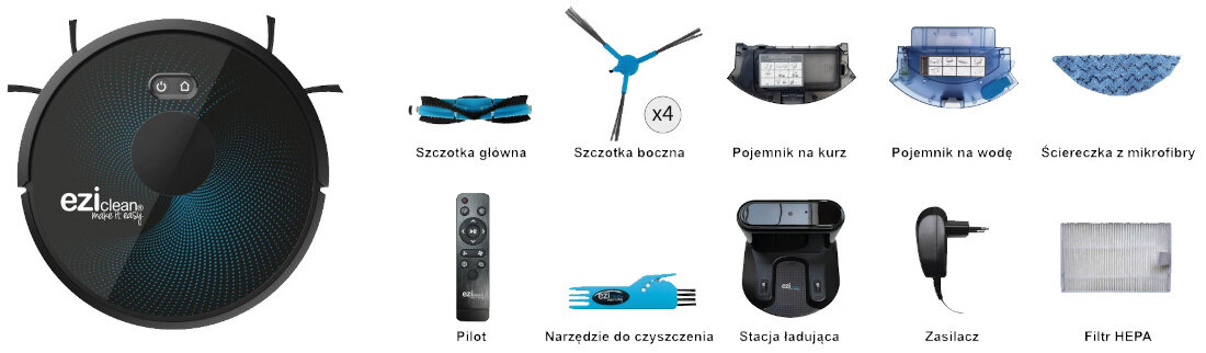 Robot sprzatajacy EZICLEAN Aqua Connect 850 szczotka glowna szczotka boczna pojemnik na kurz pojemnik na wode sciereczka z mikrofibry pilot narzedzia do czyszczenia stacja ladujaca zasilacz filtr HEPA