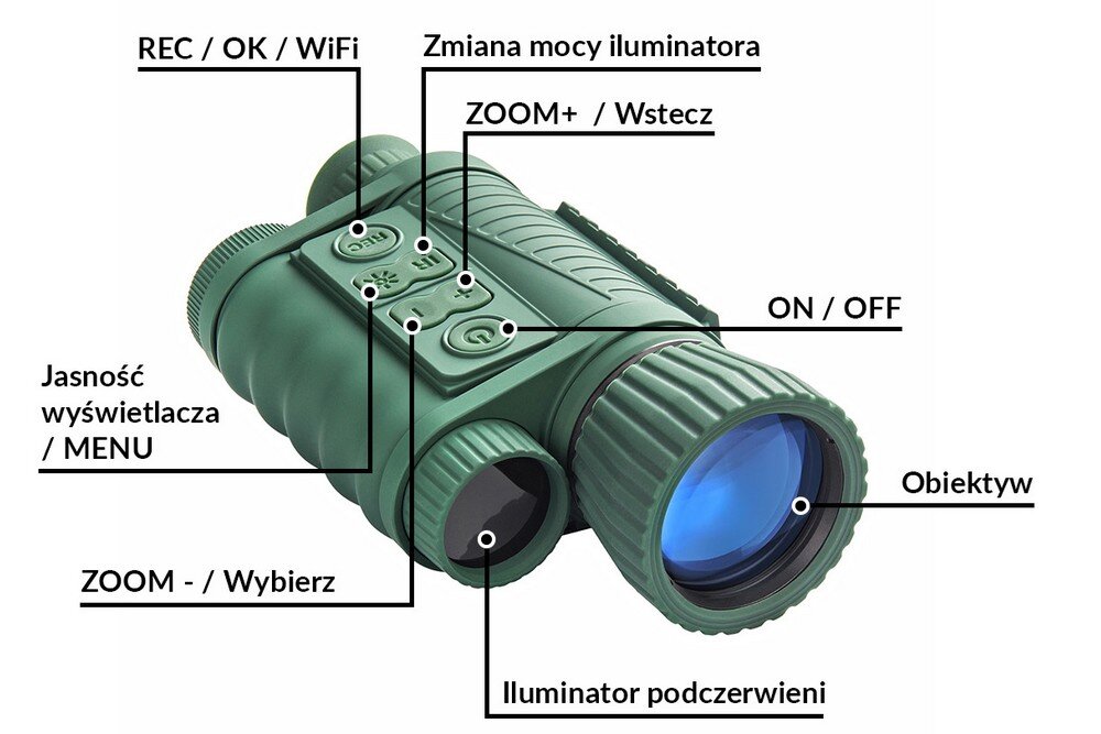 Monokular DELTA OPTICAL Nachtjäger NH-3 obraz rozdzielczość kolory detekcja zasięg zasilanie waga wymiary akumulator bateria ładowanie zasilanie łączność obudowa odporność ekran wyświetlanie pamięć nagrywanie zdjęcia obiektyw pojemność termowizja poczerwień