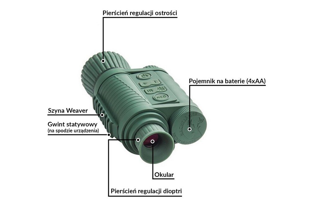 Monokular DELTA OPTICAL Nachtjäger NH-3 obraz rozdzielczość kolory detekcja zasięg zasilanie waga wymiary akumulator bateria ładowanie zasilanie łączność obudowa odporność ekran wyświetlanie pamięć nagrywanie zdjęcia obiektyw pojemność termowizja poczerwień
