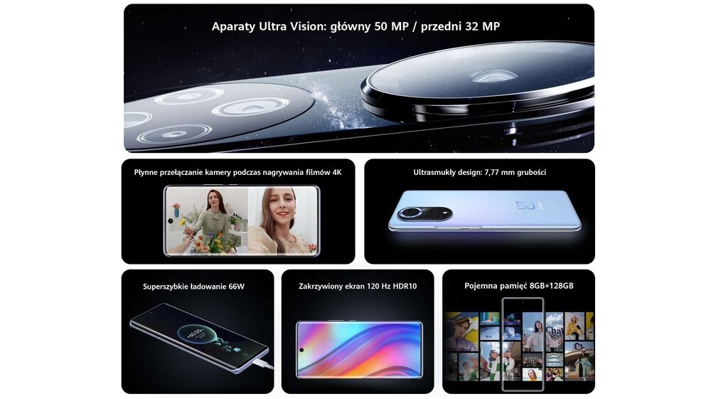 Smartfon HUAWEI Nova 9 ekran bateria procesor wydajność pamięć ram pojemność rozdzielczość aparat sieć zdjęcia ładowanie system emui hms aplikacje