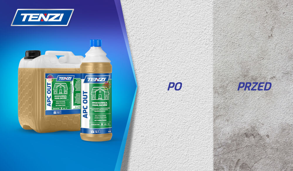 Płyn do mycia powierzchni przydomowych TENZI APC OUT 1 l do czyszczenia elewacji, dachów, fasad, tarasów, znalów drogowych, barier
ochronnych z brudu pochodzenia organicznego (rośliny, owady) i zanieczyszczeń ropopochodnych (smary,
oleje, chłodziwa) efektywne rozpuszczanie nawet wieloletniego brudu łatwe spłukiwanie