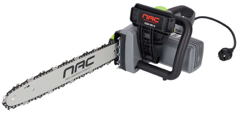 Piła elektryczna NAC CE24-NS-G funkcjonalna do pracy z drewnem opałowym deskami gałęziami drzew potężny silnik automatyczne smarowanie łańcucha automatyczny hamulec cicha praca poziom mocny akustycznej 90 dB niewielka masa 4,6 kg wysokiej jakości łańcuch ostrza pojemność zbiornika na olej 150 ml