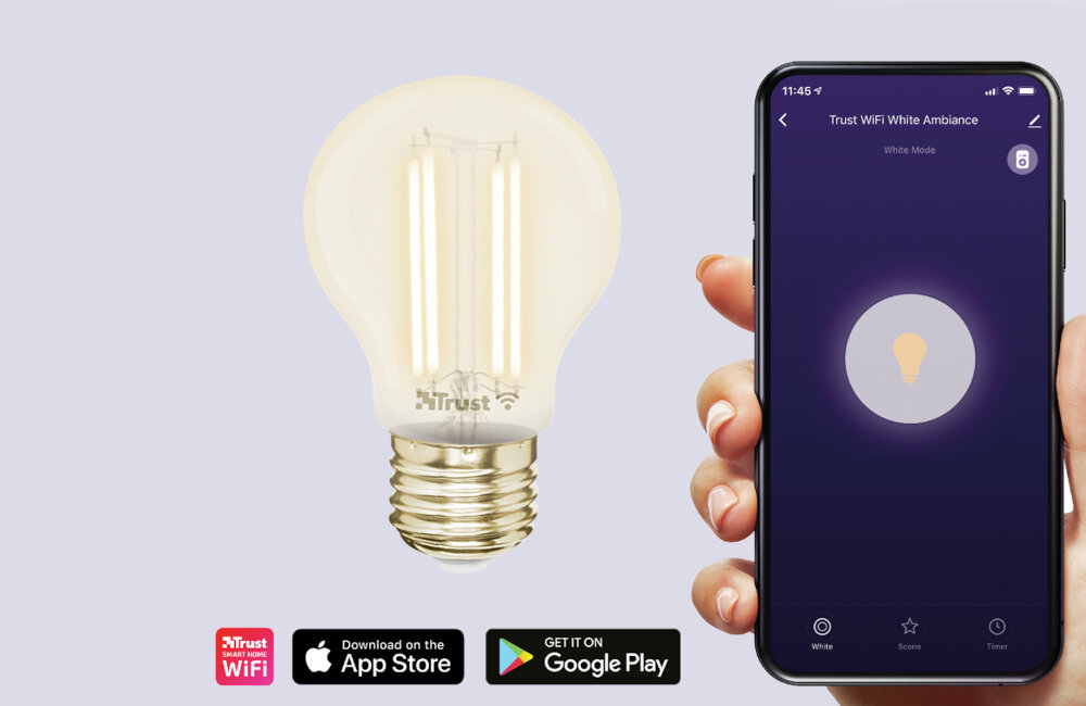 ŻARÓWKA SMART WIFI TRUST FILAMENT 1800-2700K E27 5W 470LM aplikacja sterowanie telefonem