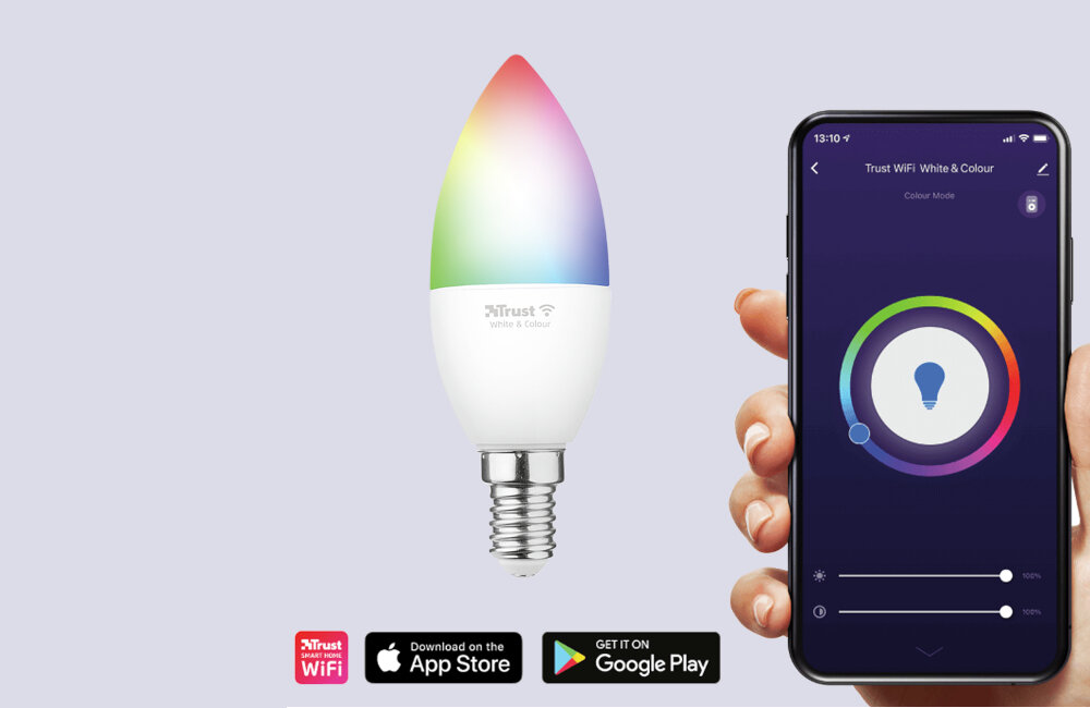 ŻARÓWKA SMART WIFI TRUST RGB 1800-6500K E14 5W 470LM aplikacja sterowanie telefonem