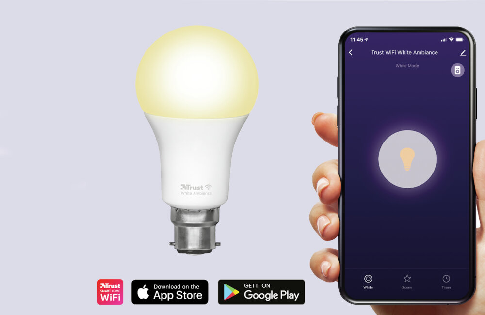 ŻARÓWKA SMART WIFI TRUST BIAŁA 1800-6500K B22 9W 806LM aplikacja sterowanie telefonem