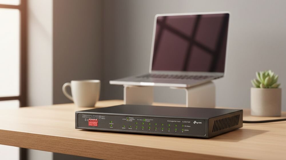 Przełącznik TP-Link Omada Gigabit Ethernet stoi na biurku podczas zarządzania siecią w  biurze.