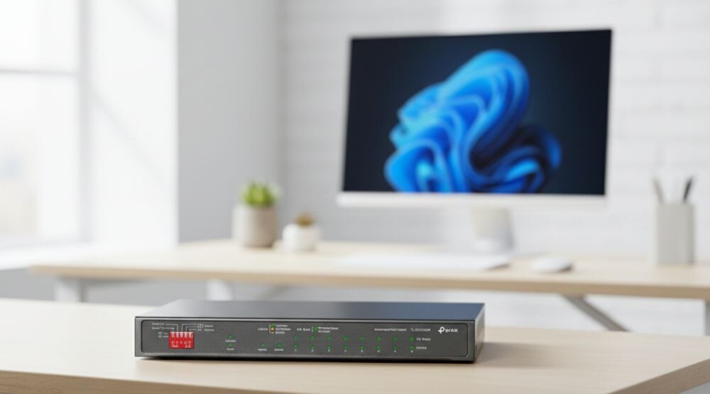 Przełącznik TP-Link Omada Gigabit Ethernet pracuje obok monitora podczas konfiguracji infrastruktury sieciowej w biurze