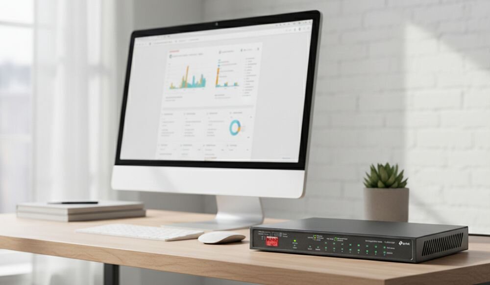 Przełącznik TP-Link Omada Gigabit Ethernet znajduje się na stanowisku administratora sieci w centrum IT.. 