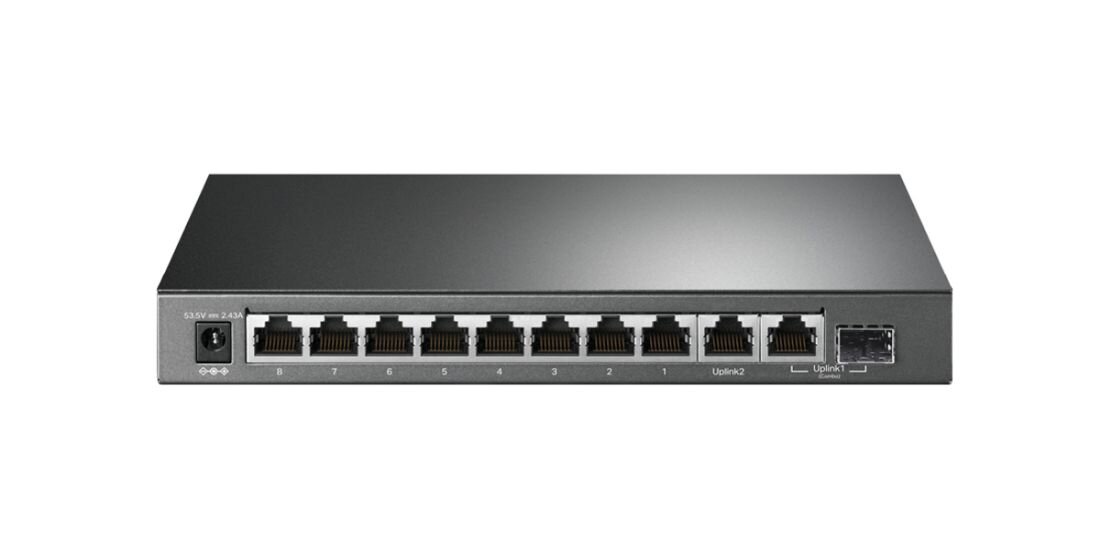 Przełącznik TP-Link Omada z portami Gigabit Ethernet prezentuje panel złączy sieciowych na jasnym tle.