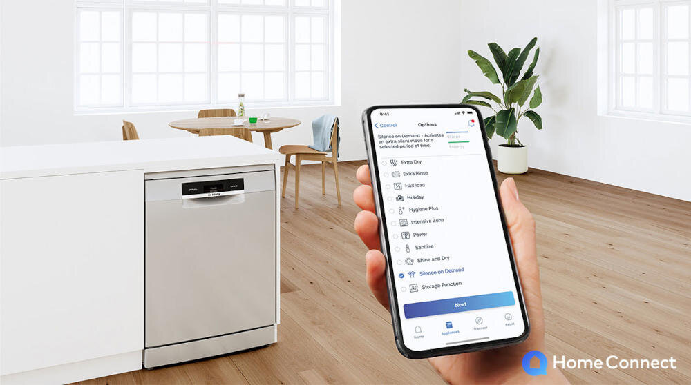 BOSCH-SMD6TCX00E aplikacja home connect monitorowanie dostęo obsługa wskazówki zdalnie silence on demand wyciszenie redukcja hałas favourite programy funkcje smartfon panel sterujący